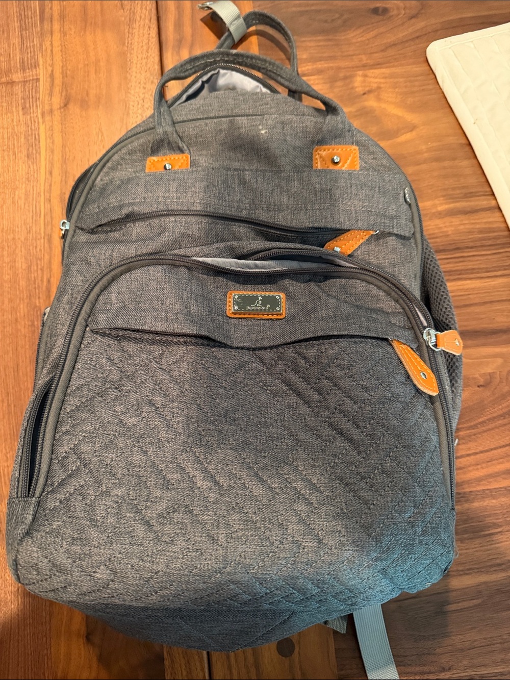 Gray Quilted Baby Backpack with Tan Accents